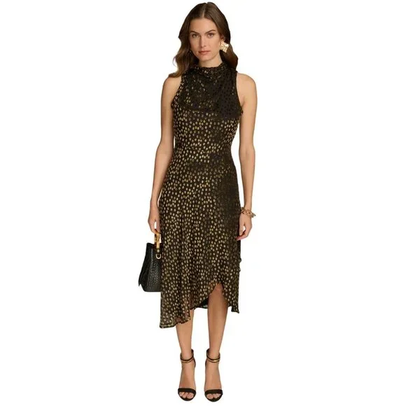 NWT Donna Karan Womens Burnout Velvet Sleeveless Midi Dress Black / Gold Multi 4
